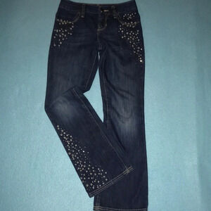 𝅺OLD NAVY boot-cut embellished blue jeans adjustable waistband size 8